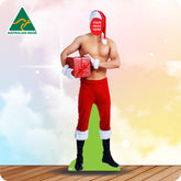 Cardboard cutout of a Santa Claus costume with 'Your Head Here' placeholder, Australian Made logo visible.